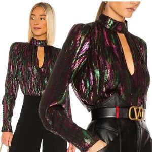 SALONI Silk Tania Black Green Pink Metallic Iridescent Long Sleeve Blouse Top